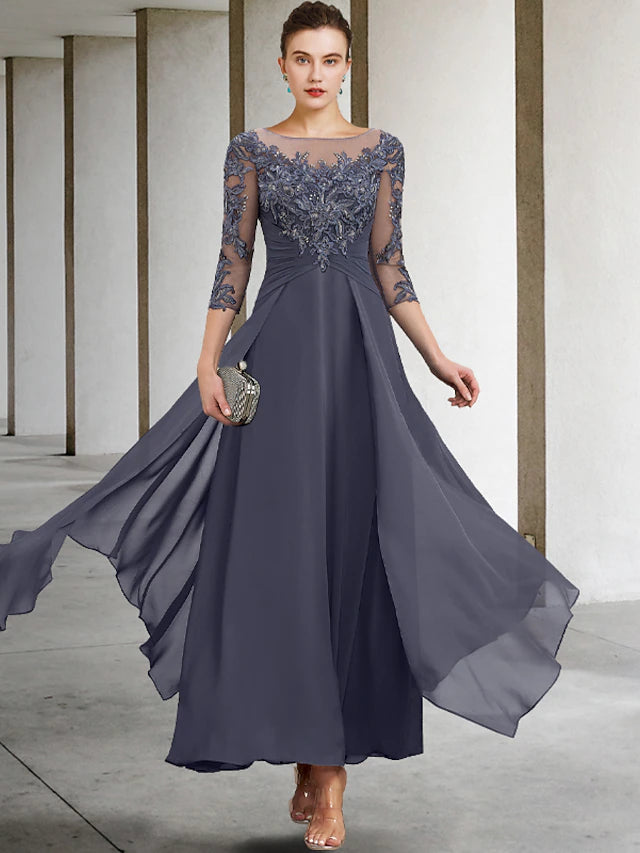 A-Linien-Kleid für die Mutter der Braut, Hochzeitsgast, Übergröße, elegant, Rundhalsausschnitt, knöchellang, Chiffon, Spitze, 3/4-Ärmel mit gerüschten Pailletten-Applikationen